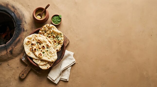 Fresh garlic naan bread with ghee and chutney by a clay tandoor