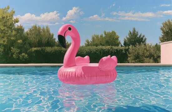 Bright pink inflatable bird floats on a sunny, clear blue pool