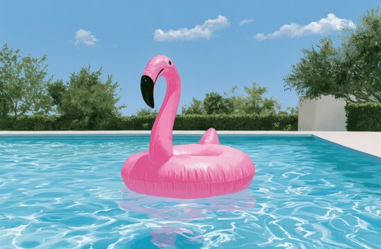 A bright pink inflatable flamingo floats serenely on a clear blue swimming pool