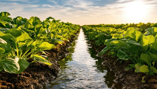 Lush rows of green crops with water channel at sunset