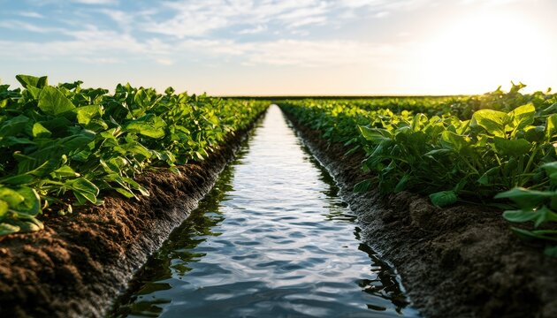 Rows of lush green crops, watered by a central channel, under a bright sky