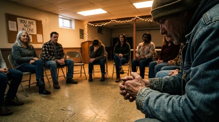 Naklejka premium Support Group Meeting in Circle with People Sharing Experiences.