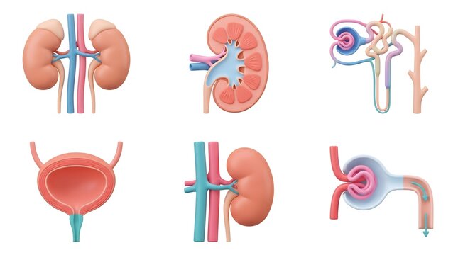 3D stylized human renal system set featuring kidney cross-sections nephron and bladder on white