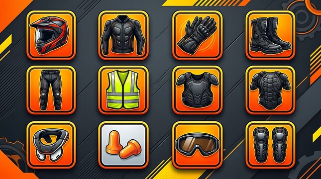 Set of motorcycle safety equipment and protective gear icons
