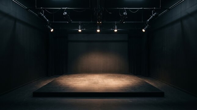 Minimalist Black Box Theater Stage with Dramatic Spotlights