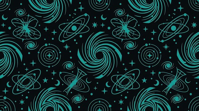 Cyan celestial pattern featuring cosmic spirals and orbits on black