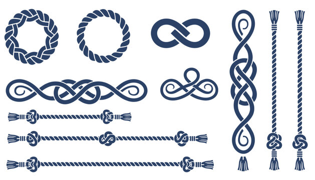 Set of nautical blue rope knots, borders, and decorative frames in a classic sea inspired theme.