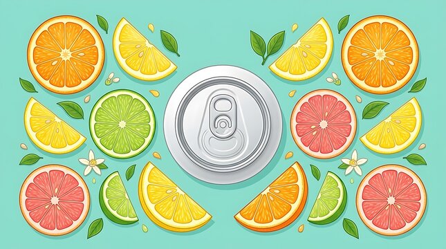 Top view of soda can surrounded by fresh citrus fruit slices