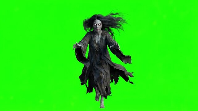 Scary ghost woman walking towards camera on a green screen background