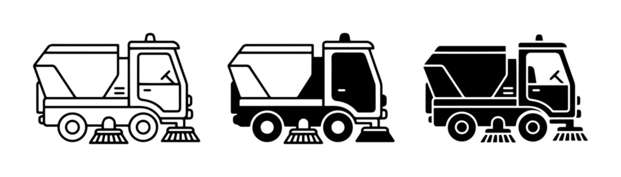 Street Sweeper Truck Icons, Municipal Cleaning Vehicle Vector Set, Urban Sanitation Equipment