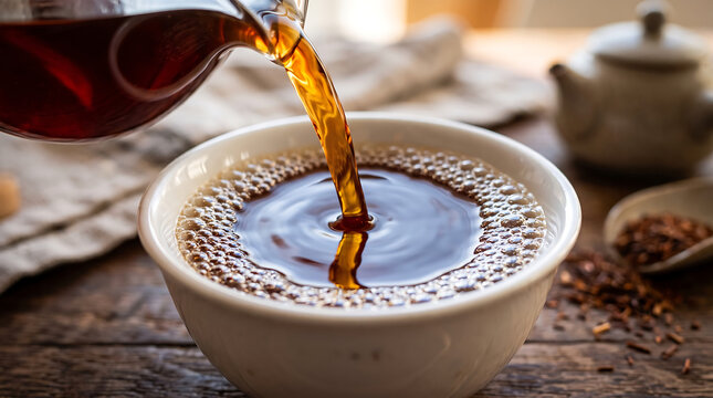 Pouring Amber Elixir: Hot tea is poured from a glass teapot into a ceramic bowl, creating ripples on the surface of the rich, amber liquid, with dried tea leaves scattered nearby.