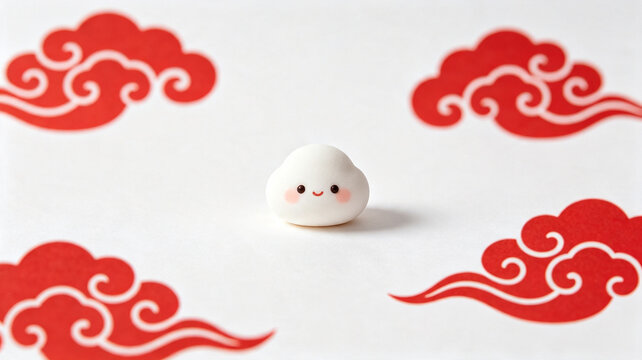 A small white character with a smiling face sits centered among stylized red auspicious clouds on a white background.