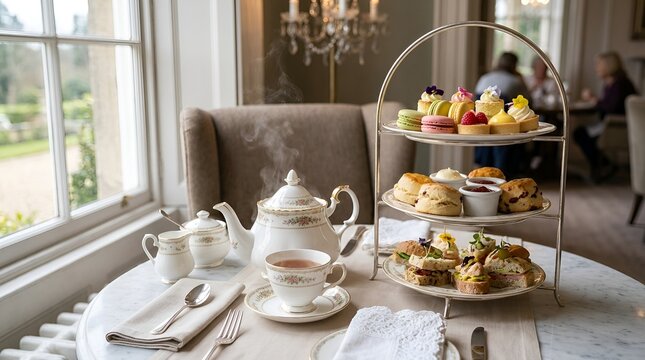 Afternoon Tea Set with Pastries, Scones, and Sandwiches by Window