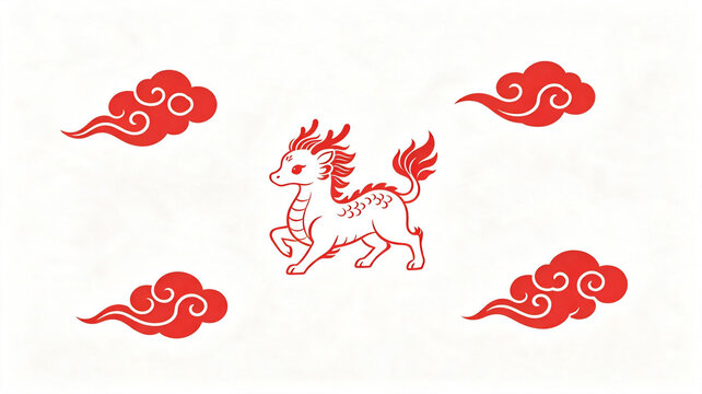 Red illustration of a mythical Qilin creature surrounded by stylized clouds on a white background, representing traditional Chinese culture.