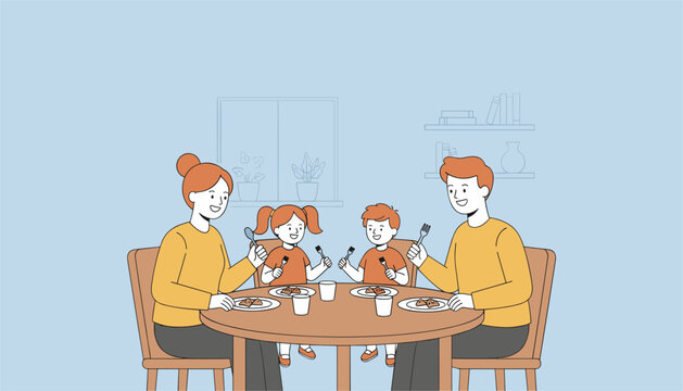 Happy family of four sitting at the dining table and enjoying a healthy meal together in a cozy home.