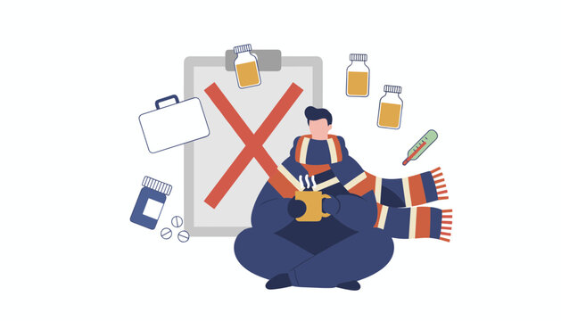 Sick person with a cold or flu avoiding self-medication while having hot tea and warm scarf during winter.