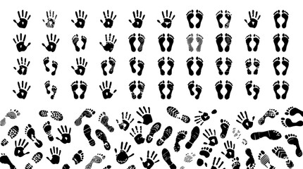 Obraz premium Footprints and handprints pattern set with repeating animal and human tracks featuring paw prints, barefoot soles, and dinosaur footprints with abstract and seamless design