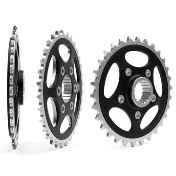 Black bicycle chainring with silver teeth isolated on white background