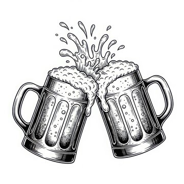Two mugs clinking beer foam splash celebration isolated on white background