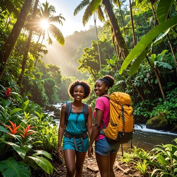 Two children walking through lush tropical garden path.