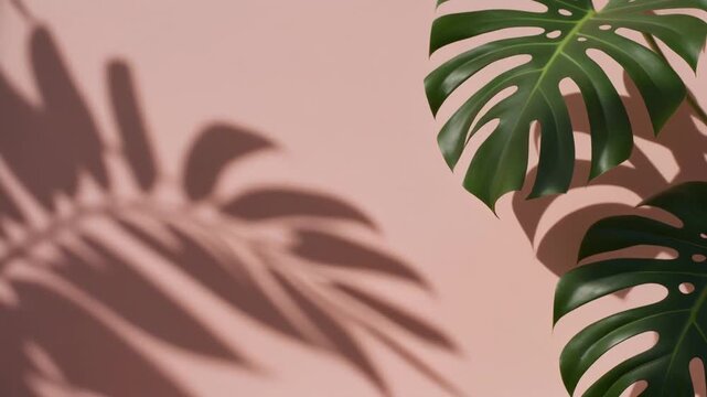 tropical monstera leaves shadow play on pastel background, timelapse
