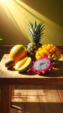 Colorful fruit and floral arrangement on table.