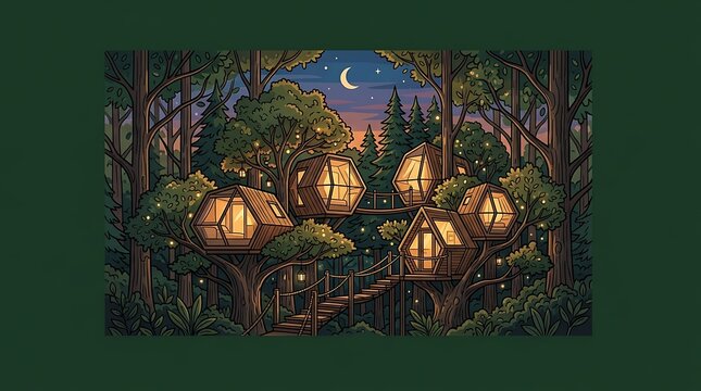 Magical illuminated treehouse cabins in a deep night forest