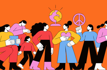 Obraz premium Diverse group of people standing together with a globe and peace sign, representing global unity, community, and harmony on an orange background
