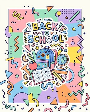 Colorful back to school poster with backpack and supplies