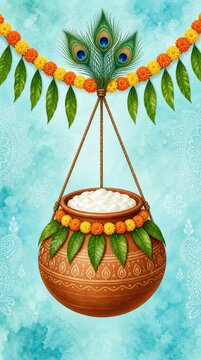 Dahi handi watercolor card illustration.