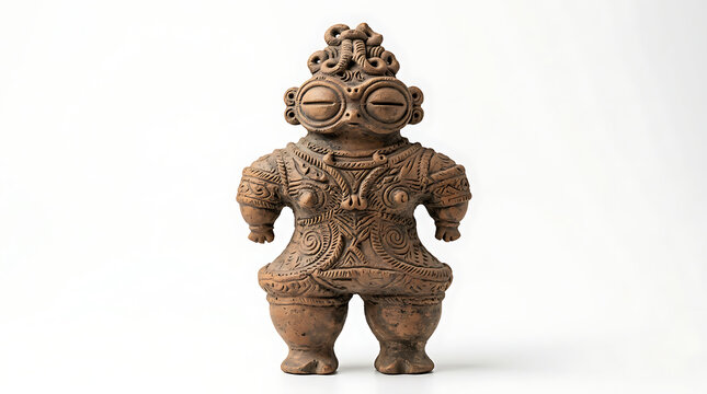 Ancient Japanese Jomon Period Clay Figurine Isolated on a Clean White Studio Background