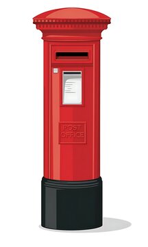 Classic British Red Post Box for Mail Collection. Iconic Postal Service Equipment in Bright Red Color.