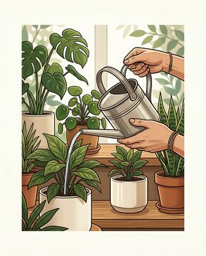 Hands watering lush indoor houseplants with a metal watering can