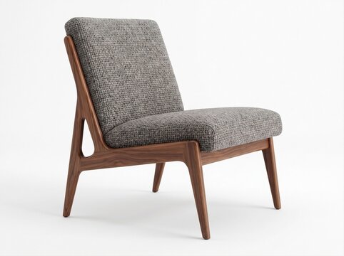 Armchair with grey fabric upholstery and wooden frame isolated