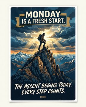 Hiker on mountain peak with motivational text for a fresh start