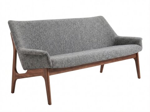 Modern grey fabric sofa couch with wooden legs isolated on white