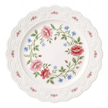 Vintage white porcelain ceramic plate with floral pattern isolated