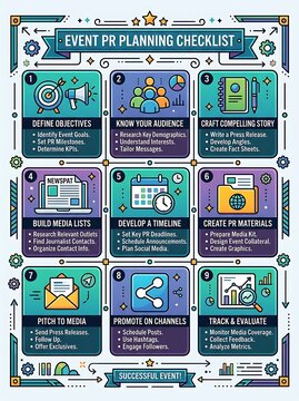Event pr planning checklist infographic with business icons