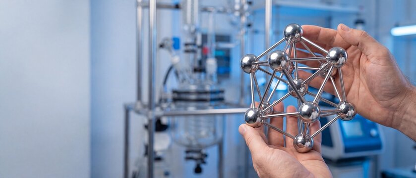 Scientist holding a silver atom model with blurred lab background, Hands holding a metallic molecular structure model in a modern chemistry laboratory