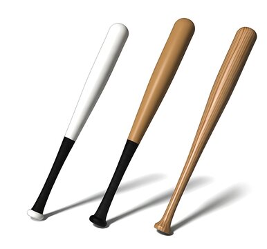 A collection of three different baseball bats displayed side by side against a plain white background