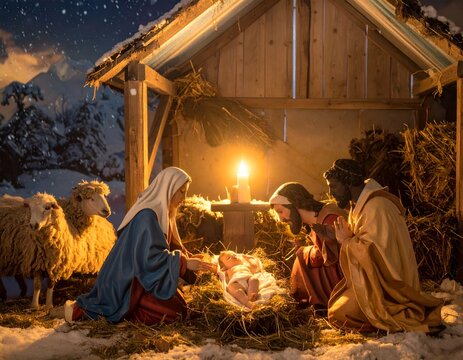 Rustic nativity scene with Mary Joseph and wise men.