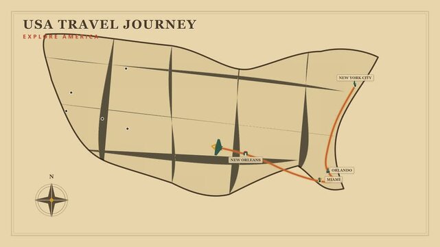 Vintage-style animated travel map of the United States featuring a scenic route connecting major destinations, travel landmarks, airplane icons, and a smooth