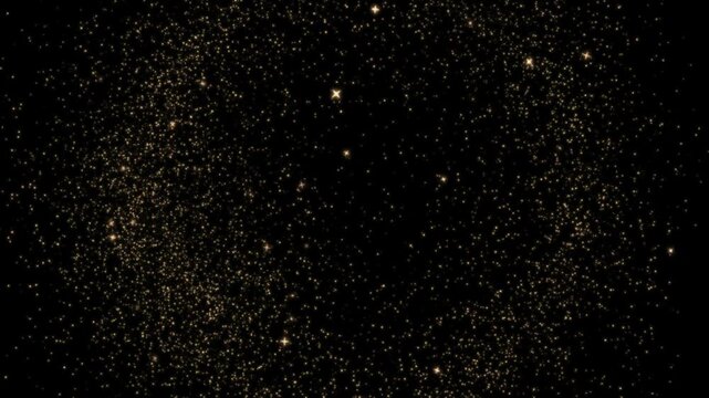 Golden glitter particles create a sparkling dust cloud texture across a dark black background.