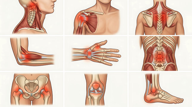 Anatomical chart showing joint pain, inflammation, and musculoskeletal issues