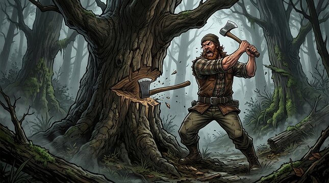 Determined woodcutter swinging axe at a large tree in misty woods
