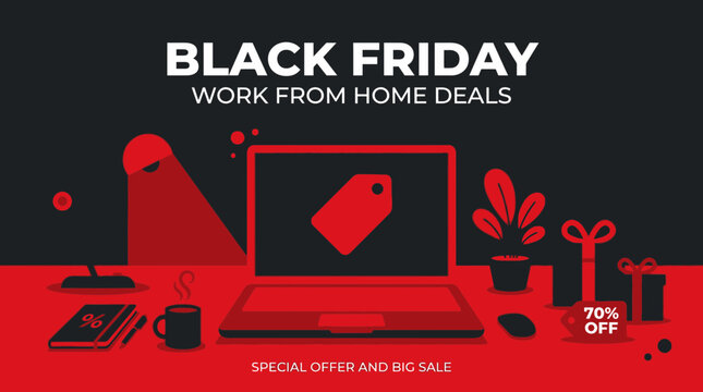 Black friday work from home technology sale promotional banner with laptop and office accessories computer technology shopping discount promotion marketing business illustration consumer