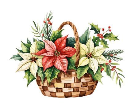 Woven brown basket filled with Christmas poinsettias. Festive holiday floral arrangement with red and cream flowers, green foliage, and holiday acc...