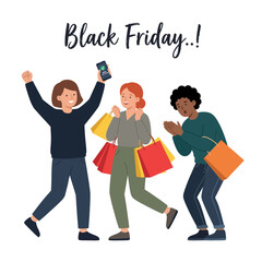 Fototapeta premium Diverse group of happy shoppers celebrating black friday sales and online shopping with shoppers shopping celebration smartphone marketing promotion discount ecommerce business consumer