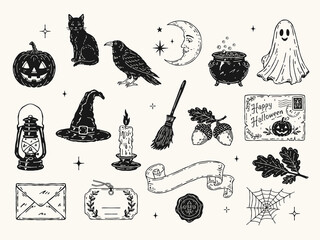 Vintage Halloween vector collection with jack-o'-lantern, black cat, ghost, raven, moon, witch hat, cauldron, candles and a label. Hand drawn monochrome silhouettes © Irina Khovanskaya