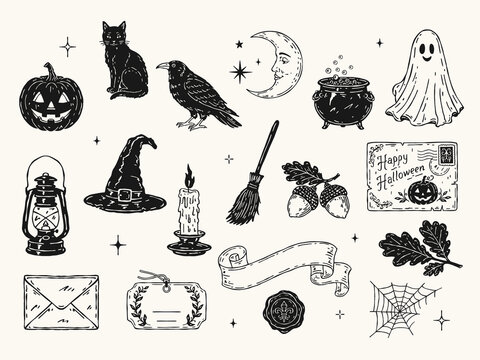 Vintage Halloween vector collection with jack-o'-lantern, black cat, ghost, raven, moon, witch hat, cauldron, candles and a label. Hand drawn monochrome silhouettes